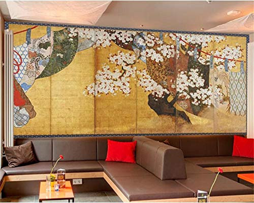 Carta Da Parati Personalizzata 3D In Stile Giapponese Ukiyo-E Fiori Di Ciliegio Dipinta A Mano A Sei Schermi Murale Pittura A Olio Carta Da Parati 120Cm(W)×80Cm(H)