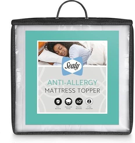 Sealy Anti Allergy Mattress Topper - Extra Soft Thick Mattress Pad Topper - Filled with Bouncy Fibadown Fibres - Soft Touch Cover and Corner Straps - Machine Washable and Anti-Bacterial, Double