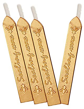 Lacre Oro,Sello de Cera,Lacre para Sellos,Sellando Palos de Cera con Mecha | Barras de Cera para Lacrar,para Invitaciones de Boda,Sobres de Tarjetas,Envoltura de Regalos (4Piezas,Oro)