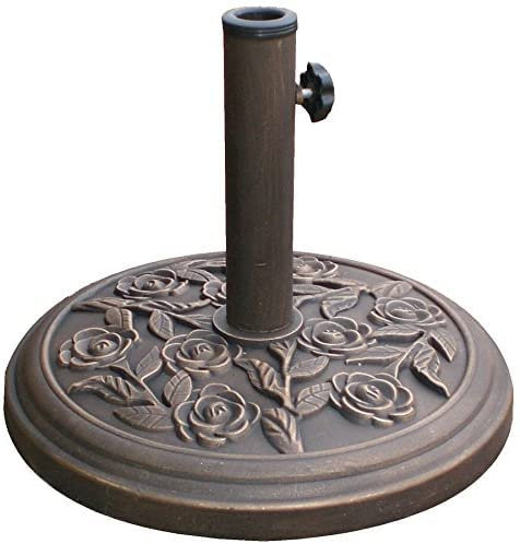 Heavy Duty 9kg Garden Parasol Patio Umbrella Holder Base with Cast Iron Effect Floral Rose Design Secure and Robust Airer Poles Bronze Finish