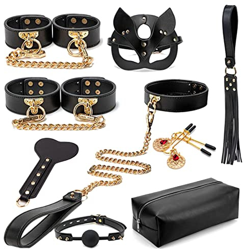 Sex Bondage BDSM Kit 8 Pcs Genuine Leather Restraints Kit Set Sex Toys for Women and Couples Sm Sex Game Play with Hand Cuffs & Blindfold & Nipple Restraint Bed Sex Bedroom Couples Game