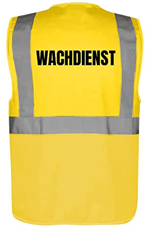 Fassbender-Druck WARNWESTEN - Sicherheitsweste GELB mit Taschen und Reißverschluss nach EN ISO 20471 zertifiziert - Warn Weste für WACHDIENST - Unisex mit hochwertigem Reflektorstreifen