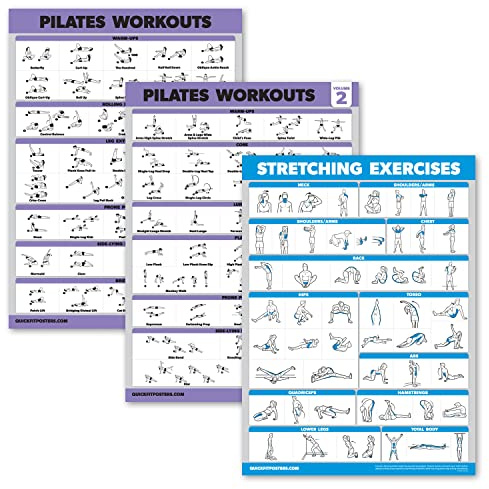 3-pack – pilates träningsaffisch, set, volym 1 och 2 + stretchrutin – pilatesmatta, arbetsövningar – fitnesstabeller (18 x 24, LAMINERAD)