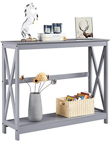 Yaheetech Console Table, Narrow Sofa Side Table with X-Shaped Design, 2-Tier Slim Hallway Table for Living Room Bedroom Grey
