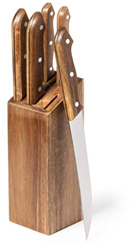 5-delat knivblock, träknivblock, köksknivset, akaciaträ, universalkniv, grönsakskniv, kockkniv, skinkkniv, brödkniv