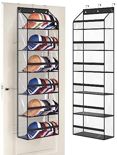 AOODA Clear Over The Door Hat Racks for Baseball Caps, Large Holds up to 72 Caps Hat Storage Organizer for Closet Wall, Deep Pockets Hanging Hat Holder with 3 Hooks, Black