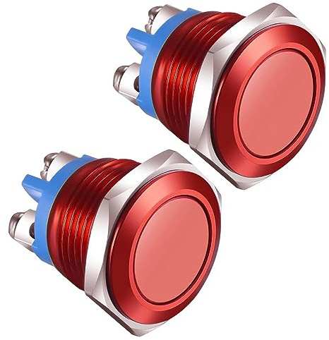 Gebildet 2Stück 16mm Momentan-Drucktastenschalter, IP65, Wasserdichtes Gehäuse aus Aluminiumlegierung, 3A/12V, 24V, 36 DC, 110V, 250V, VAC, 1 NO, SPST-Schraubklemme (rotes Gehäuse)