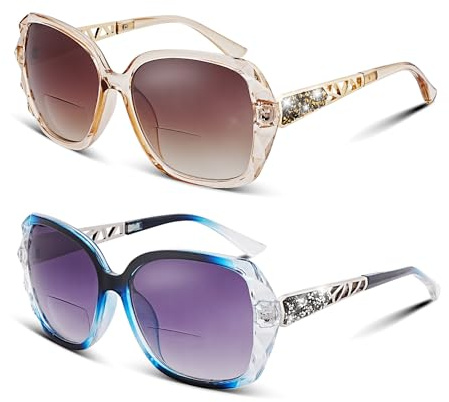 HGIOOIGH Bifocal Reading Sunglasses for Women Oversized Square Sun Reader Sparkling Composite Shiny Frame reader sunglasses 2 PACK +1.5