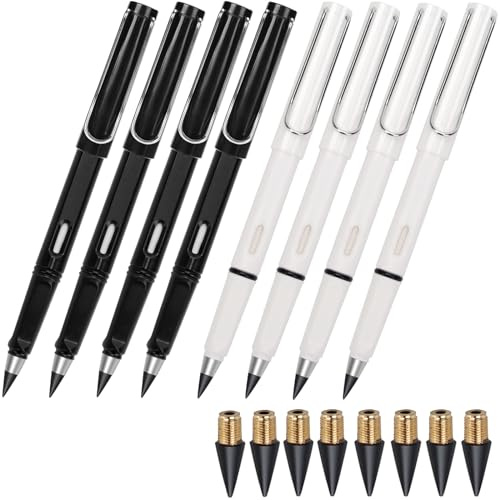 BFANGZ Infinity Forever Pencil - 0.7mm Infinite Everlasting Metal Inkless Pencils Set with Eraser, No Need Sharpened, Replace Mechanical Pen for Sketch, Drawing and Writing（8Pcs Black + White）