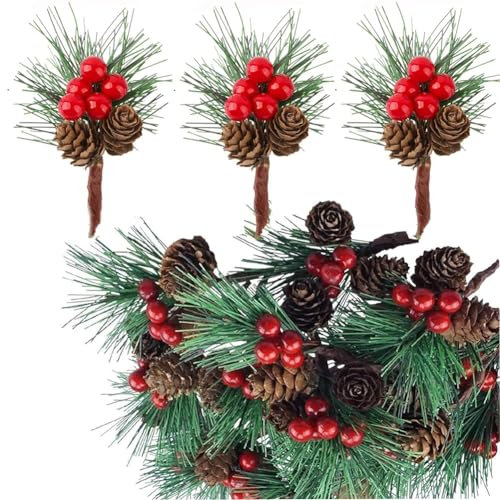 HAOYUNLAI Künstliche Kiefernzweige Klein, 20 Stück Tannenzweige mit Roten Beeren und Tannenzapfen, Weihnachtsdeko zum Basteln Zweige mit Weihnachtsbeeren für Adventskranz Tischdeko DIY Wand Tür Deko