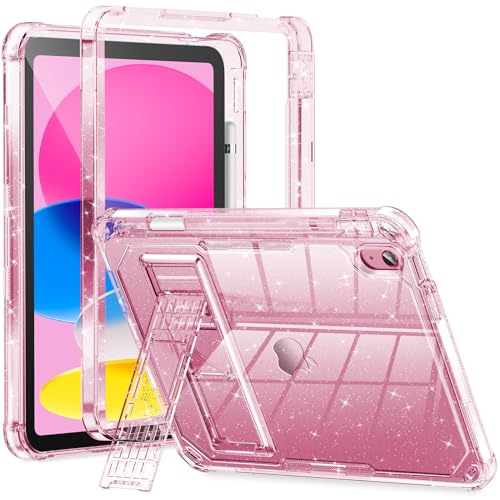 INFILAND Coque pour iPad A16 11e Génération, iPad 10e Génération, Housse De Protection Résistante Aux Chocs avec Support Mignonne Transparente À Paillettes pour Filles,Enfants (Rose Rouge)