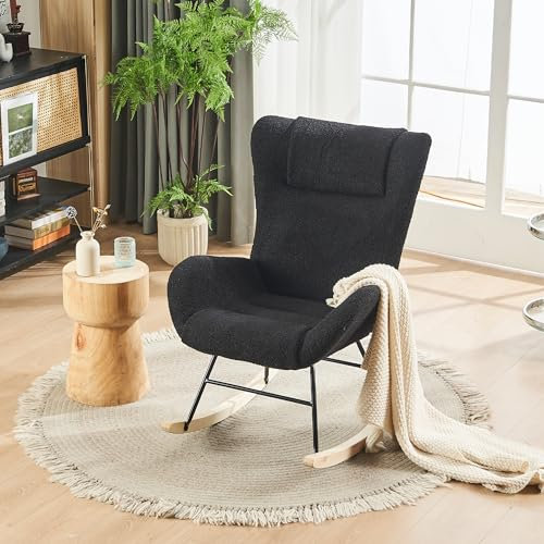 IDEASY Gepolsterter Schaukelstuhl, Bequemer Teddy-Gleiter-Schaukelstuhl mit Massivholzbeinen und hoher Rückenlehne, Schaukelsessel für Wohnzimmer, Schlafzimmer (Grau)
