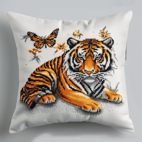 RKFLGEW Knüpfkissen-Set Mit Tiger-Tierprägung，Knüpfkissen-Set，Fantasie-Schmetterling，Diy-Kreuzstich-Sofakissenbezug Mit Knüpfwerkzeug，Passend Für Teenager Und Erwachsene，Knüpfkissen C 43x43cm