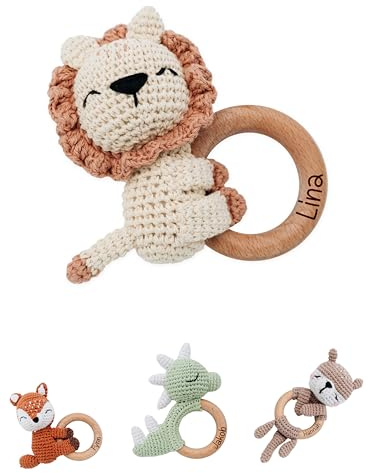 Bärenfreunde® - Personalisierter Beißring Baby - Niedlicher Greifling für Baby's ab 0 Monate - Babyrassel mit Name als Baby Geschenk für Mädchen und Jungen (Löwe liegend,mit Name)