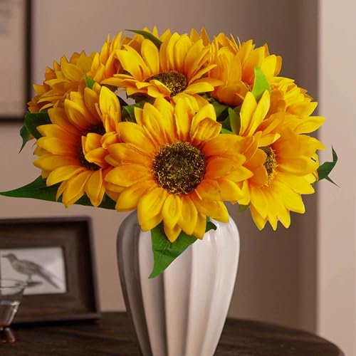 DBCMEW Artificial Sunflowers, 10pcs Large Single Stem Silk Fake Sunflowers Ideal for DIY Craft/Wedding/Birthday Party/Outdoor/Office/Home Decoration（NO VASE）