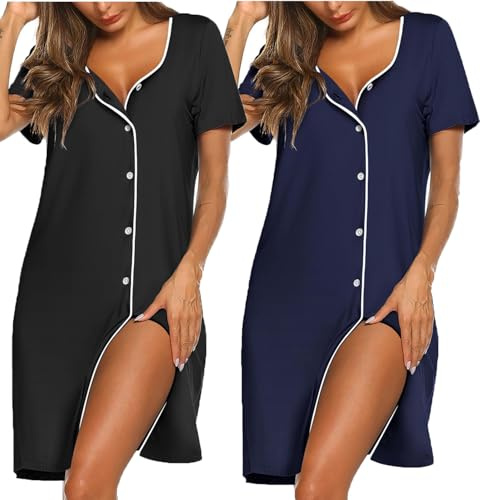 Ekouaer Nightdress Nightgowns for Women 2 Pack Button Down Sleepshirt Short Sleeve Nightshirt Soft Sleepwear V Neck Pajama Dress, Black + Navyblue XL