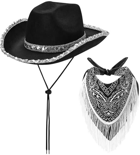 Peosaard Cowboyhut und Bandana 2pcs/Set Black Cowboyhut und Neckscarf mit Fringe Glitter Cowboy Hat Bandana Cowboy Accessoires für Cosplay -Kostüm -Kostümparty, Black Cowboy Hut