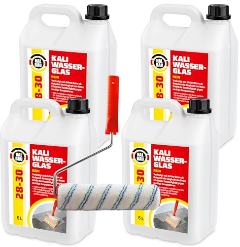 HALBAU Kaliwasserglas 28-30 Rein 20 Liter Kali Wasserglas, Haftgrund | Beton Versiegelung, Holz Imprägnierung, Verkieselung, Mauerabdichtung, Betonschutz, Holzschutz Farbroller 25cm