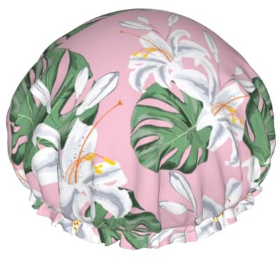 Hair Cap for Shower - Green Leaves Lilies Flowers Double Layer Shower Cap Reusable Water-resistant, Large Shower Cap for Women, Hair Cap for Shower with Peva Lining and Elastic Rope