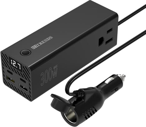 HITRENDS 300W Car Power Inverter, DC 12V to AC 110V with 2 USB Ports, 2 Type-C Ports, and 2 AC Outlets for Car, Home, and Travel Use (Black)