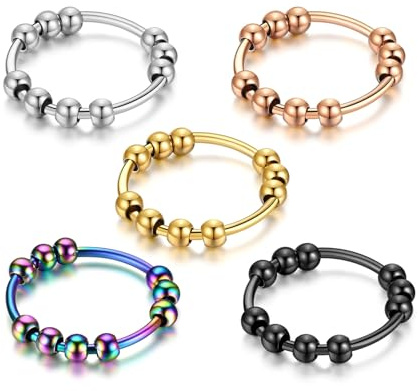T TAKONE 5 Stück Anti Stress Ring – Stress Ring mit Bunte Perlen, Effizient Linderung von Ängsten und Antistress Ring, Ideal als Angstring für Mädchen und Damen