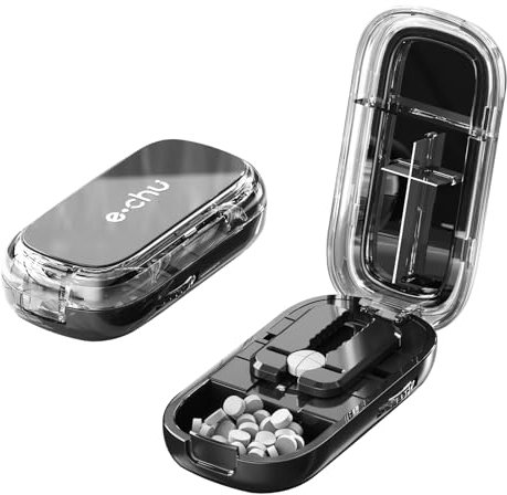 Dzmuero Tablettenteiler, Tablettenschneider, Tablettenteiler für alle tabletten kostenlos, Tragbar, 1 in 2 unterteilt, 1 in 4 unterteilt, Multifunktionaler Medizinschneider, Medikamentenbox (Schwarz)