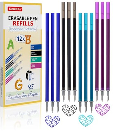 DealKits 12x 0,7mm Radierbare Ersatzminen, 4 Farben, Kompatibel mit Legami | Perfektes Starter-Set für den Schulstart: je 3 Minen in Blau, Schwarz, Türkis und Violett. Für farbenfrohe Notizen.