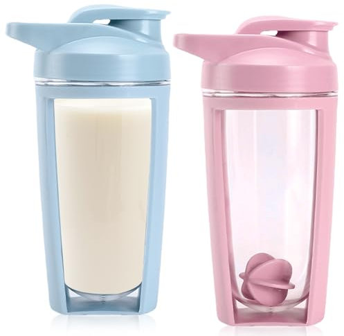 2 Stück Protein Shaker, 600ml Blender Bottle mit Mixball, Doppelschicht Sports Shaker-Flasche mit Skala, Shake-Becher BPA Frei Auslaufsicherer für Eiweiß Diät und Fitness Shakes (Blau&Rosa)