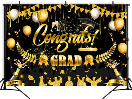 Toile de Fond pour Diplômé, GVMJHYK Décoration de Fête Graduation, Bannière Graduation Or Noir, Bannière de la Saison des Diplômes, Toile de Fond pour Photographie, Accessoires Photo, 150 * 100cm
