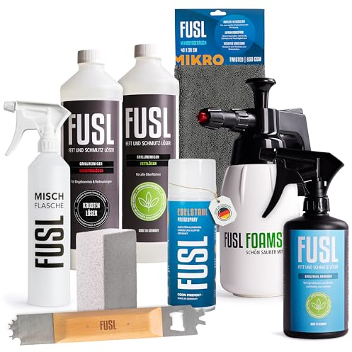 FUSL Grillpflege Maxi Set mit Edelstahlreiniger & Fettlöser | Effektiv gegen Fett & Schmutz | Streifenfreier Glanz | Für Edelstahl, Aluminium, Chrom in Haushalt, Küche, Handwerk & Gastro