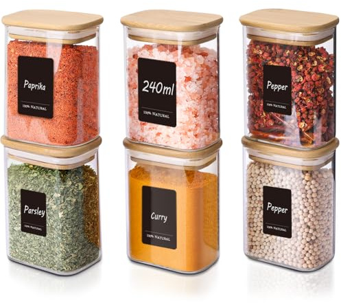 Comsaf Spice Jars with Label，8 oz Small Glass Jars with Lids, 6 Pcs Seasoning Containers, Rectangle Glass Containers with Lids, Empty Seasoning Jars for Pantry Storage, Loose Tea, Herbs, Powders, Salt