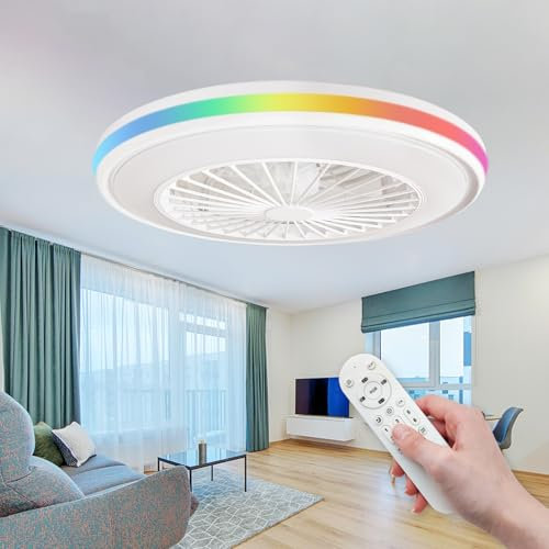 LED ATOMANT Lampara Ventilador Techo con Luz Led, 22W,Ø 50cm, CCT + RGB, 2300LM, Motor DC 30W 6 Velocidades Silencioso y Bajo Consumo, Modo Verano Invierno, Con Mando