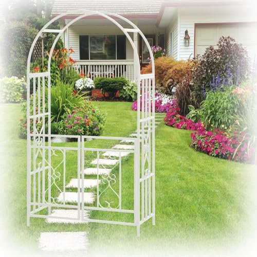Générique Arche de Jardin en métal avec Porte,Arche Ronde de Roses,Arceau à rosiers Blanc/Noir Tuteur Colonne de Jardin pour Plantes grimpantes,Arche à rosiers avec Portail,L 114cm x H 210cm(Blanc)