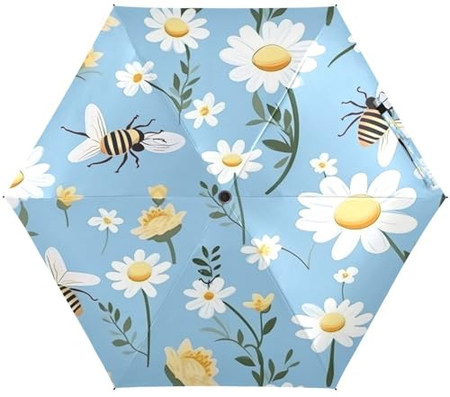 RPLIFE Windproof Travel Umbrella, Lightweight Durable Sun Umbrellas for Women, Travel Umbrellas for Sun, Bee with Daisy Flowers