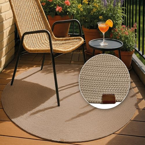 Astra Robuster Outdoorteppich rund - Beidseitig nutzbarer Teppich Innen und Außen - Handgenähter-Teppich Balkon, Terasse, Garten - Beige rund Ø 120 cm