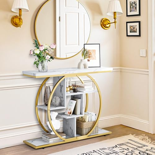 Pamapic Table Console, 105cm Table d’Entrée à 5 Niveaux, Bout de Canapé avec Pieds Réglables, Style Morderne, Console Meuble pour Salon, Entrée, Couloir, Doré et Marbre