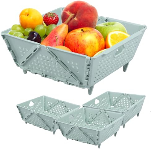 BAODBF Pack of 4 Foldable Kitchen Strainers, Foldable Colander, Space-Saving Folding Pasta Strainer, Colander Foldable for Draining Pasta, Vegetables, Fruit (Green)