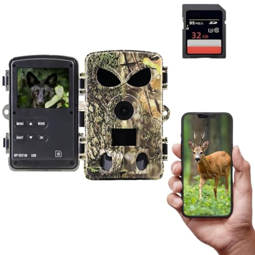 LMHOME Wildkamera mit Handyübertragung APP, 5K 64MP HD WLAN Bluetooth mit 32GB Speicherkarte, Wildkamera mit Bewegungsmelder Nachtsicht, 0.1s Auslöser, IP67 Wasserdicht, 130° Weitwinkel