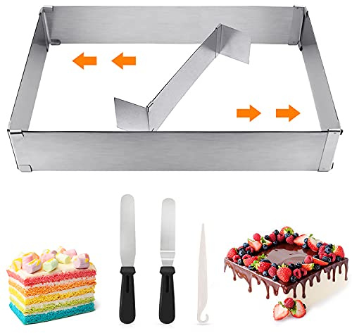 Umllpet Rektangulär tårtring justerbar, bakram 5 cm hög, bakform med avdelare och spatel, rostfritt stål kakform, bakplåt för tårtor pizza