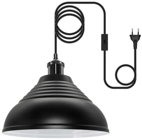 Hängelampe mit Stecker, E27 Fassung mit 5M Kabel und Metal Lampshade, Lampenfassung mit Schalter, Lampenkabel mit Stecker, Plug in Pendelleuchte Kit, Vintage Hängeleuchte, Schwarz(Keine Glühbirne)