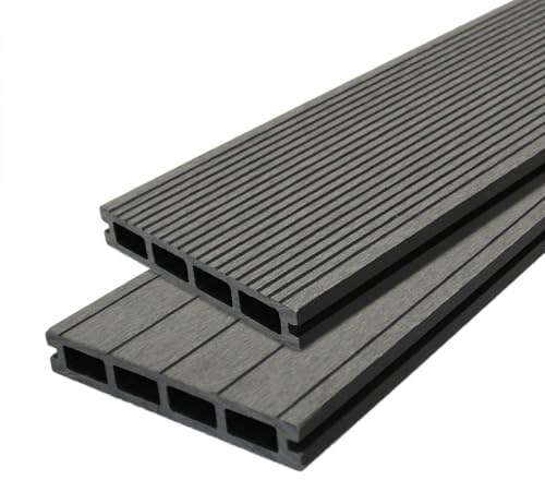 Composite WPC Decking Boards Grey x 7 Reversible 3D Groove Effect 2 Sided Panelling Wood Plastic UV Protected 2.9m Long Panels With Edging Trim 3.05SQM Coverage FREE Clips & Screw Fixings Included