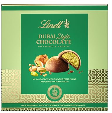Lindt Praline DUBAI STYLE CHOCOLATE, Praline di Cioccolato al Latte ripiene di di Pistacchio e Kadayf, Formato 90g (12x90g)