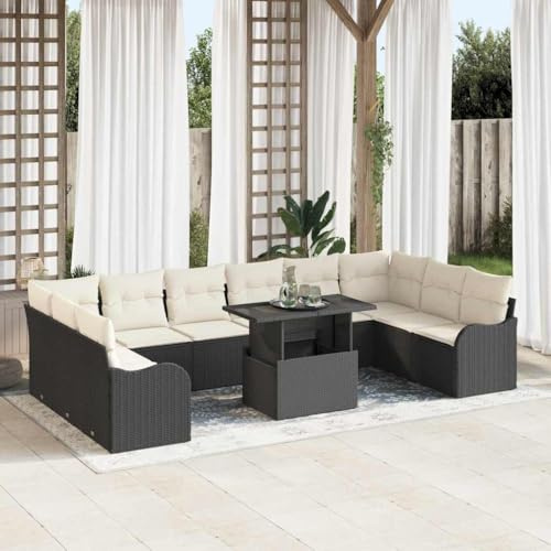 QZZCED Moderne Rattan-Sitzgruppe für den Außenbereich, mit Kissen aus Polyester und Tisch aus gehärtetem Glas, modulares Design und robuster Polyrattan-Struktur für Garten oder Terrasse