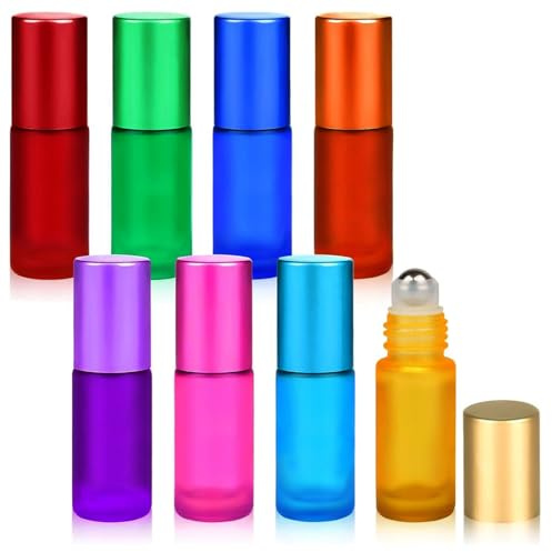 HUZNA 8 Piezas Botella Roll On Cristal,Rellenable Perfume Roll 5ml,Botellas Vacías de 8 Colores,con Bola de Acero Inoxidable,para Aceites Esenciales,Aromaterapia, Perfumes,Masajes