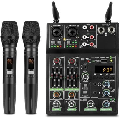Yarryuter Audio Mixing Console 4 Channel Audio Mixer with Wireless Microphone USB Bluetooth Reverb for DJ for PC Recording