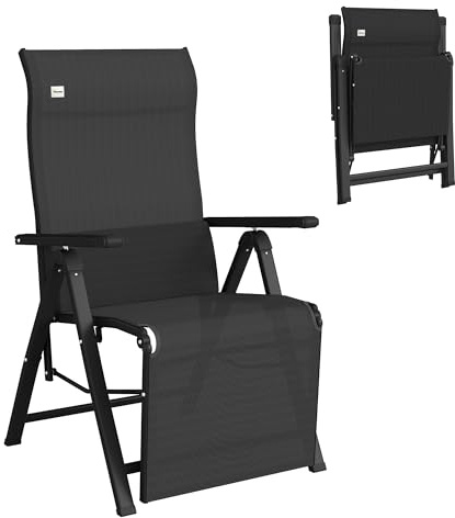 Outsunny Silla Reclinable Plegable de Jardín con Respaldo Ajustable en 9 Posiciones, Cojín Lumbar, Estructura de Acero y Textilene Transpirable, 150 kg, Negro