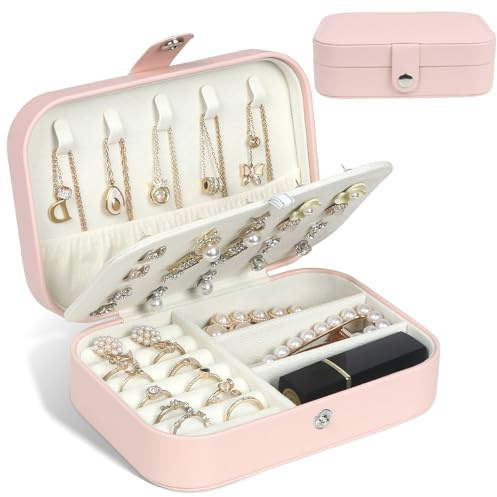 Schmuckkästchen Reise, Schmuckkasten klein, Reiseetui Schmuck organizer, Tragbarer Schmuckaufbewahrung für Ohrringe Halsketten Armbänder Ringe, Geschenkidee für Frauen Mädchen - Rosa