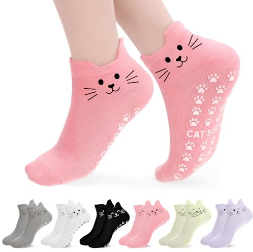 Zuimei 6 Pairs Non Slip Pilates Socks Cute Cat Socks with Grips for Women | Yoga Socks Reformer Pilates Grip Socks Anti Slip Slipper Socks for Yoga Trampoline Dance Hospital Home