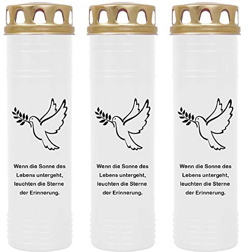 HS Candle Grabkerze - 3er Pack - (Weiß) Grablicht ca. 7 Tage Brenndauer je Kerze - Motiv: Taube