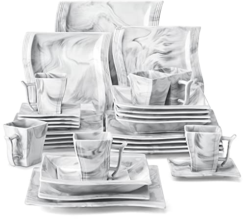 MALACASA Plates and Bowls Sets, 30 Piece Porcelain Dinnerware Sets for 6, Square Dinnerware Set with Dinner Plate, Dessert Plate, Soup Plate, Cup and Saucer, Modern Dish Set, Marble Grey, Series Flora
